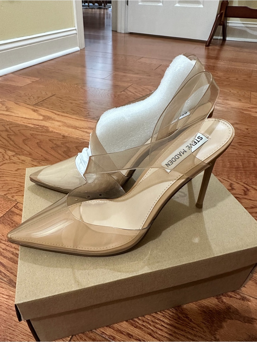 Steve Madden Beige Clear Slingback Pointed-Toe Heels